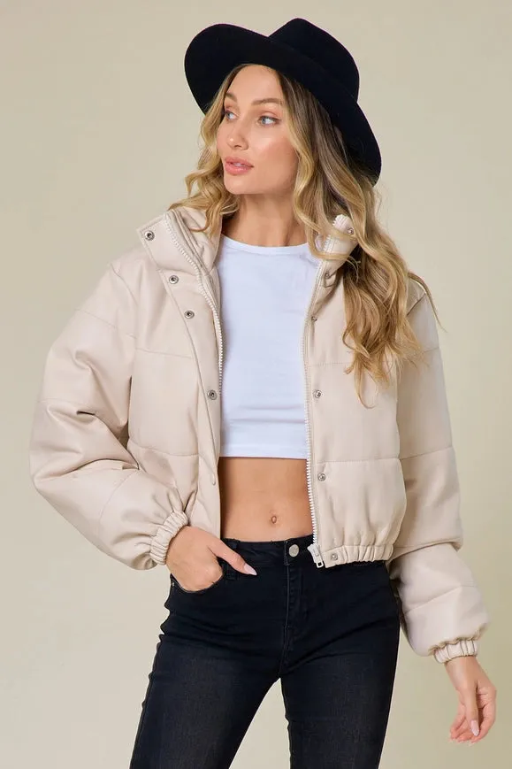 Cream Faux Leather Button/Zipper Down Puffer Jacket