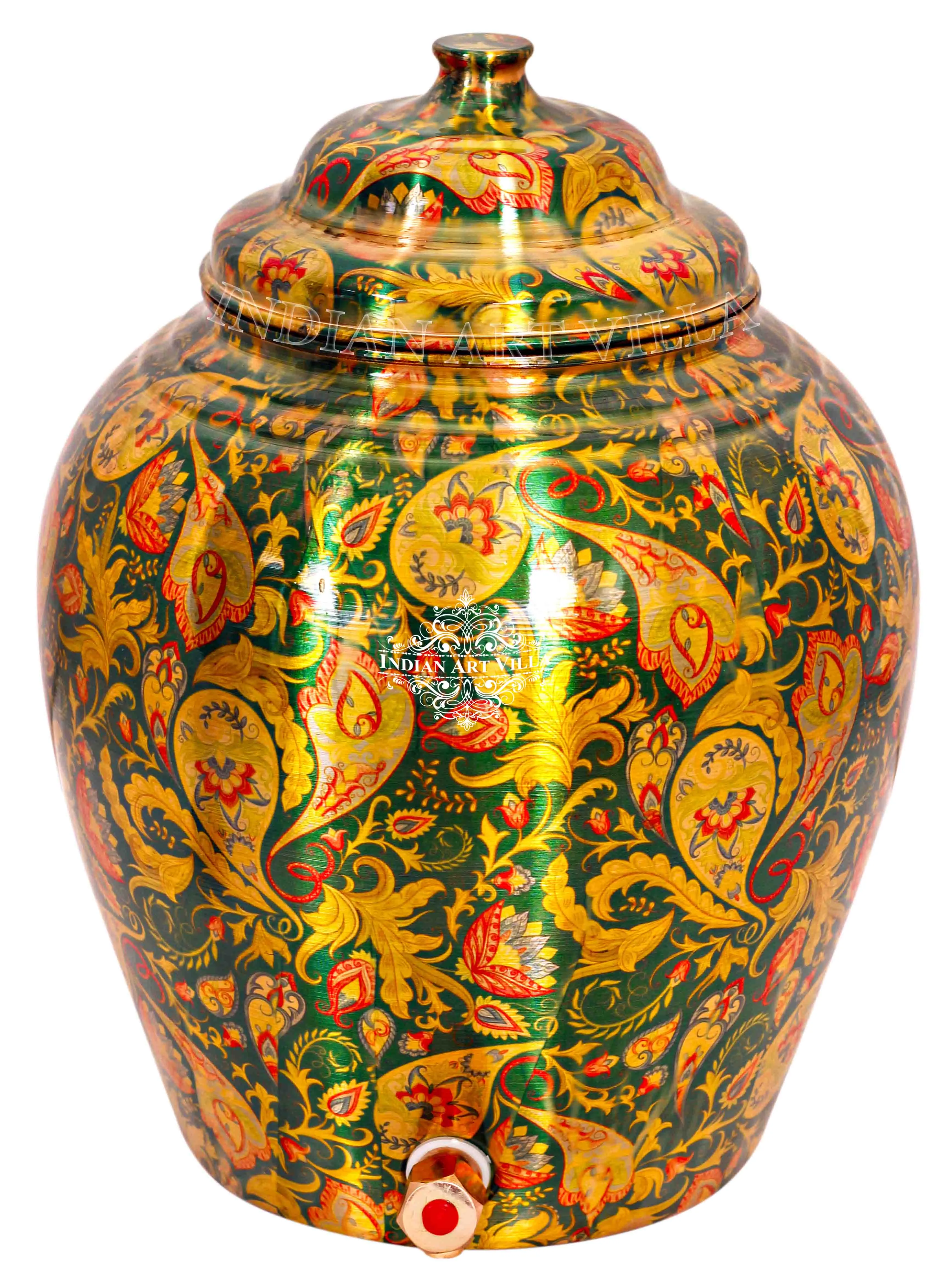 IndianArtVilla Handcrafted Pure Copper Green Flower Leaf Design Water Pot, Water Storages Pot, 13 Ltr.