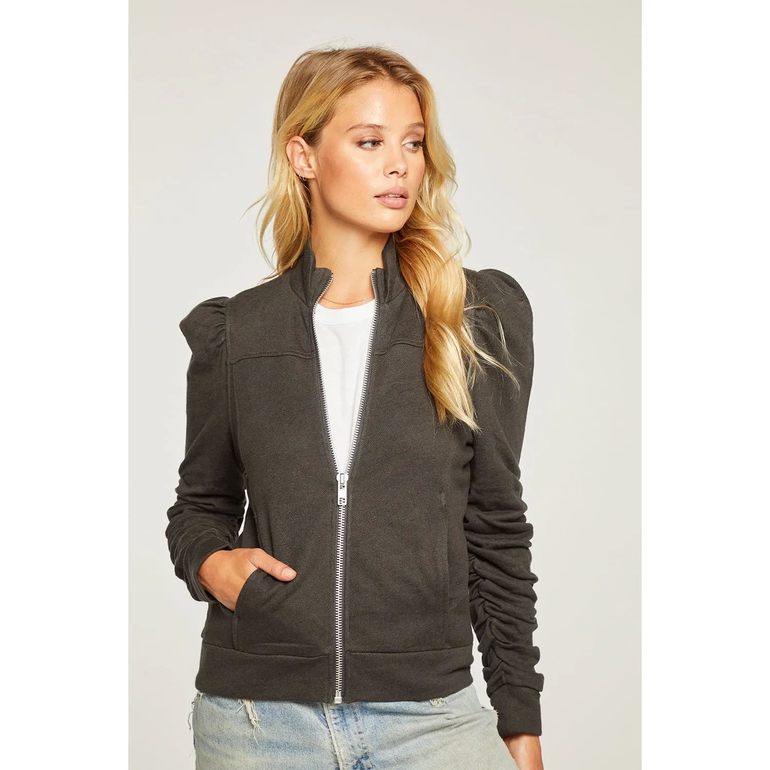 Linen French Terry Shirred Puff Sleeve Zip Up Jacket