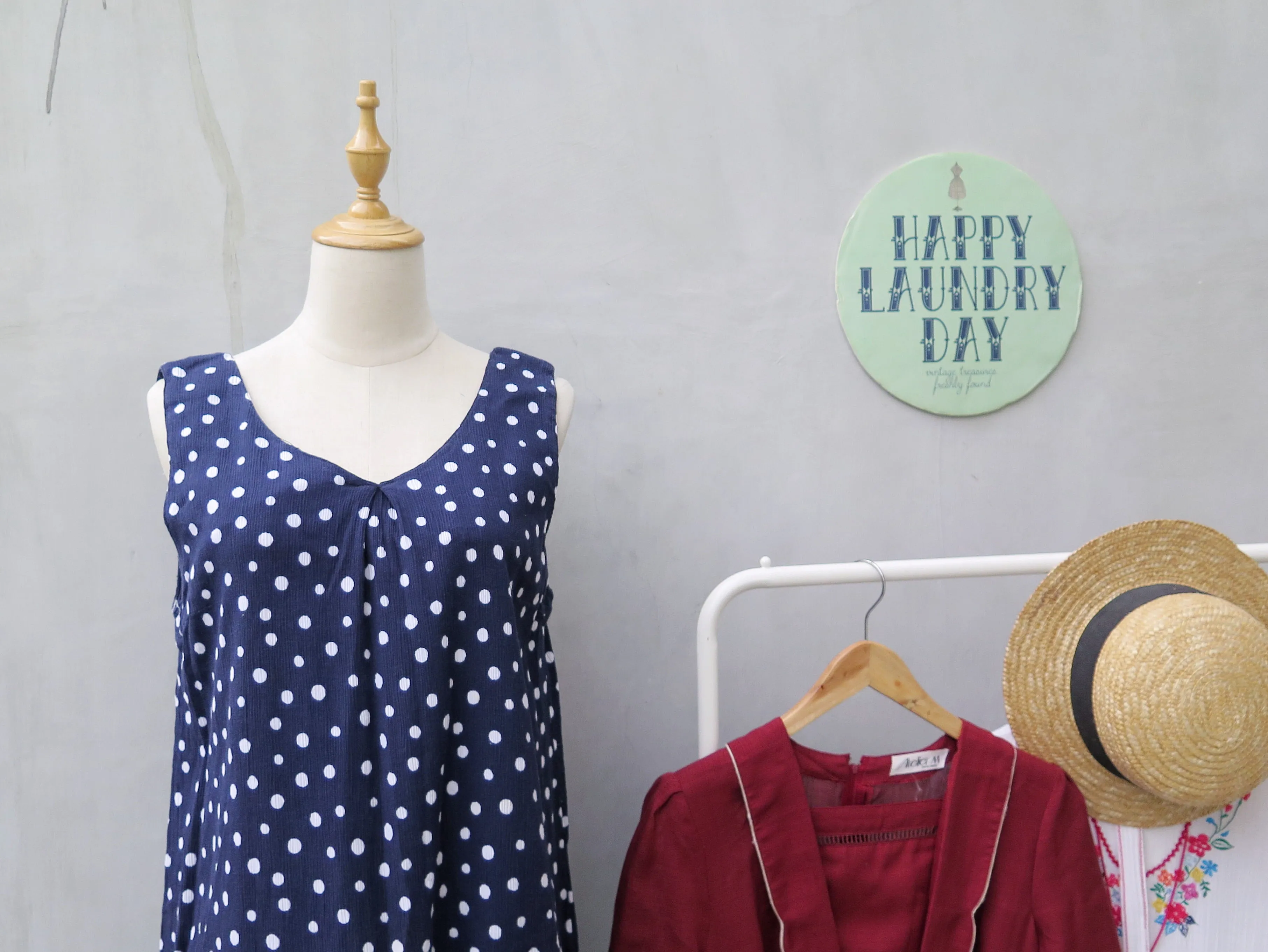 Peri | Vintage 1980s 1990s blue white polka dots crinkled cotton sleeveless dress 