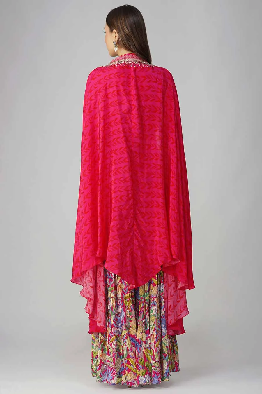 Rani Pink Leaf Printed Blouse, Gharara & Cape Set