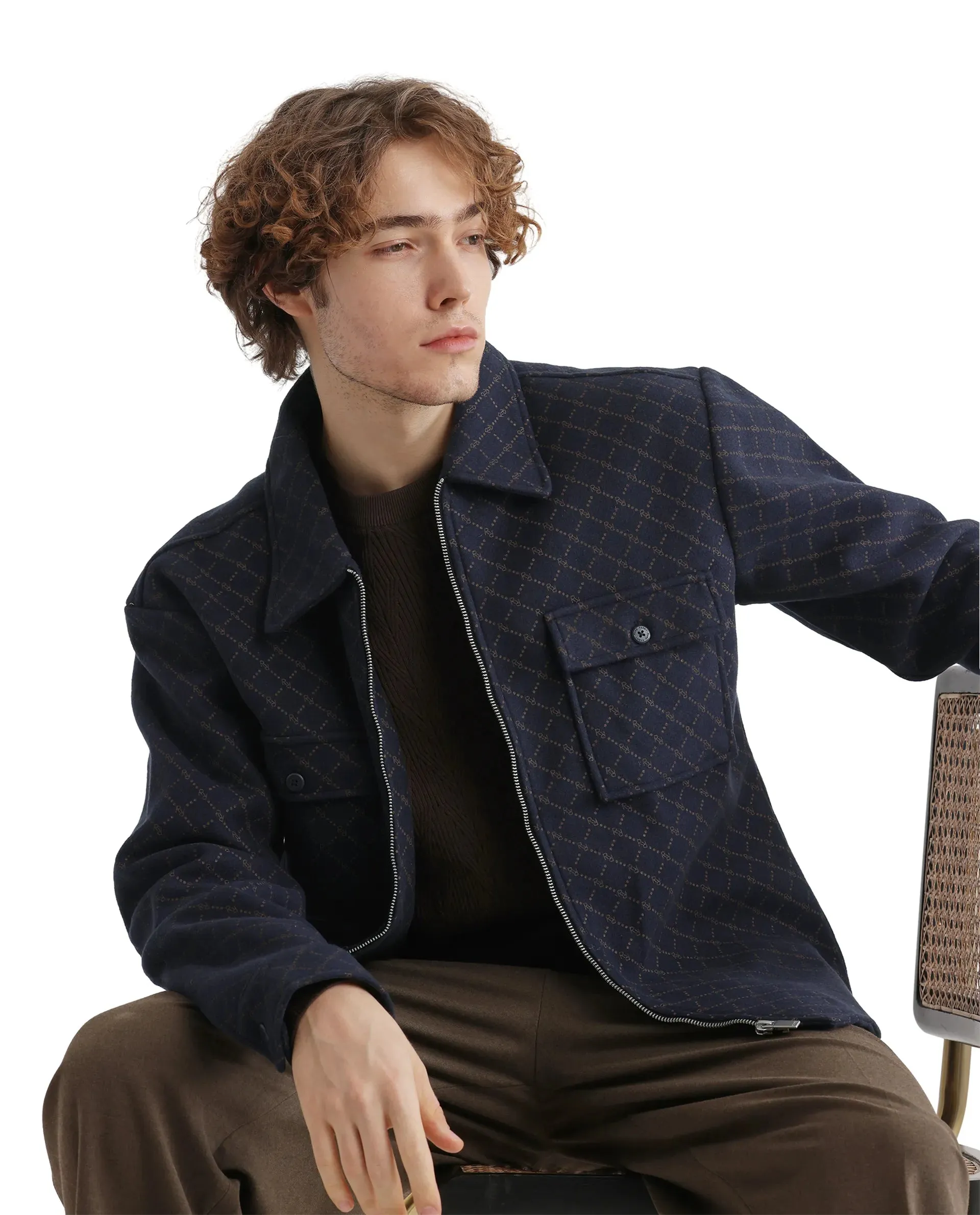 Rare Rabbit Men Lybro Navy Polyester Fabric Full Sleeve Two Front Flap Pocket Broad Collared Printed Jacket