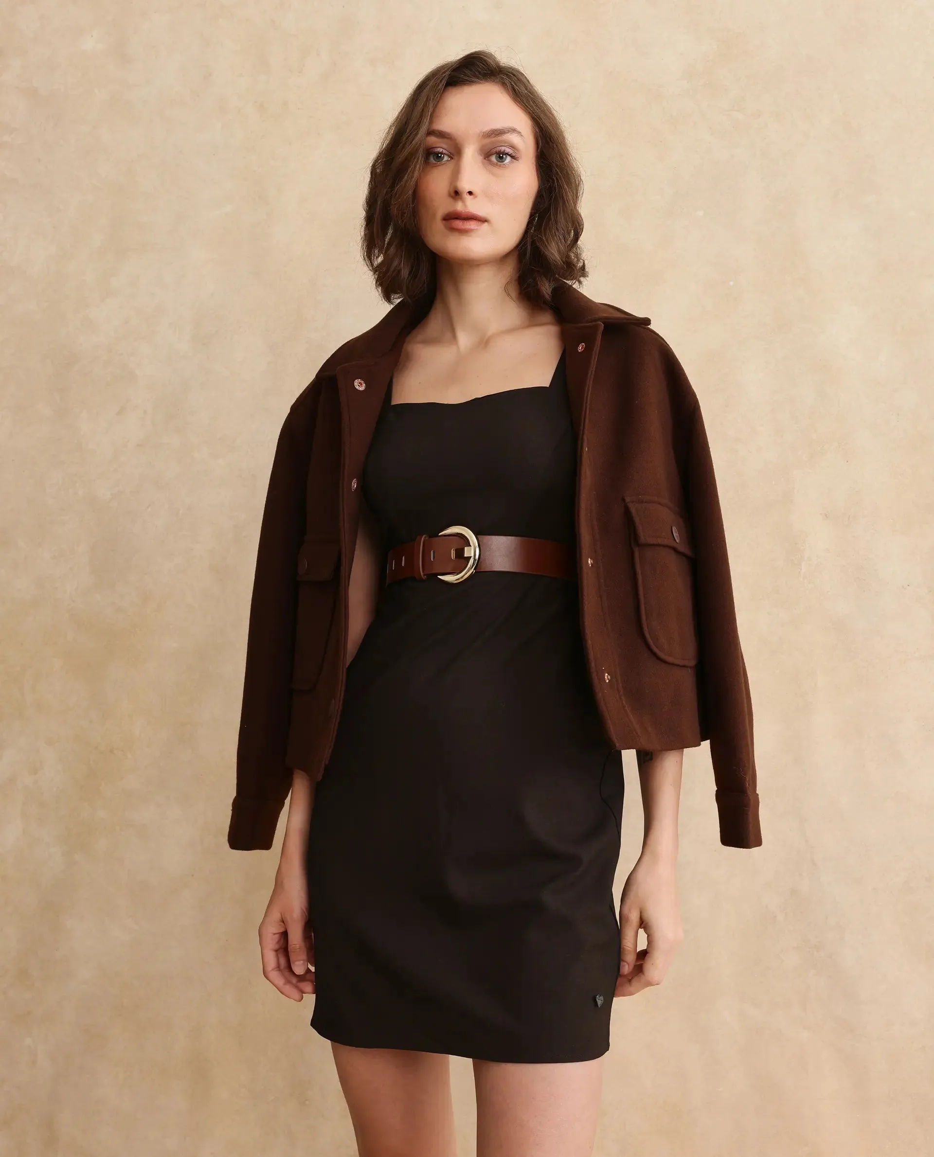 Rareism Women Canakkale Brown Poly Blend Fabric Sleeveless Sweetheart Neck Zipper Closure Straight Fit Knee Length Plain Dress