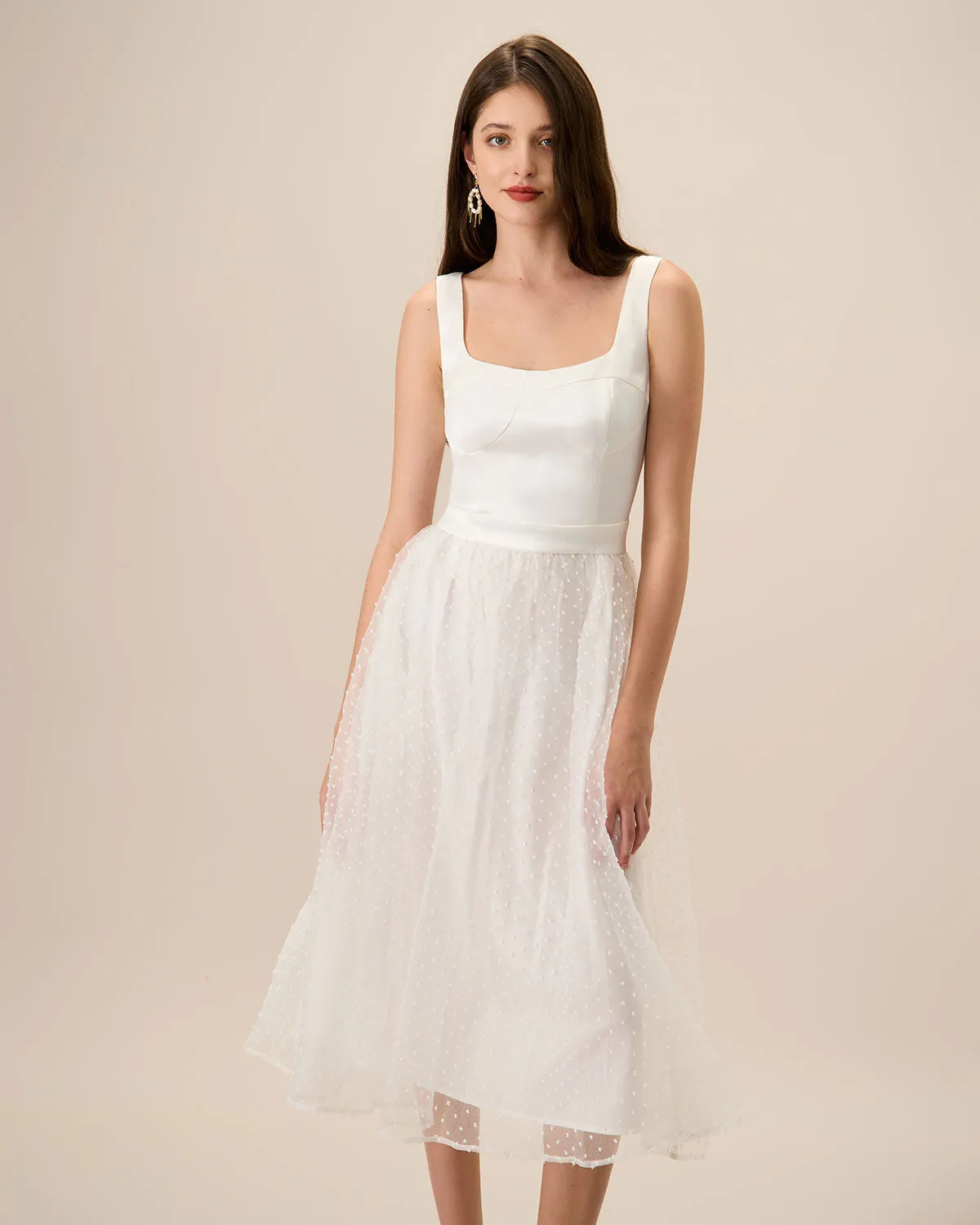 Women's White See-Through Splicing Midi Dress